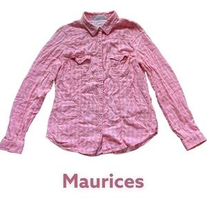 Maurices pink & orange plaid checkered long sleeve button down shirt